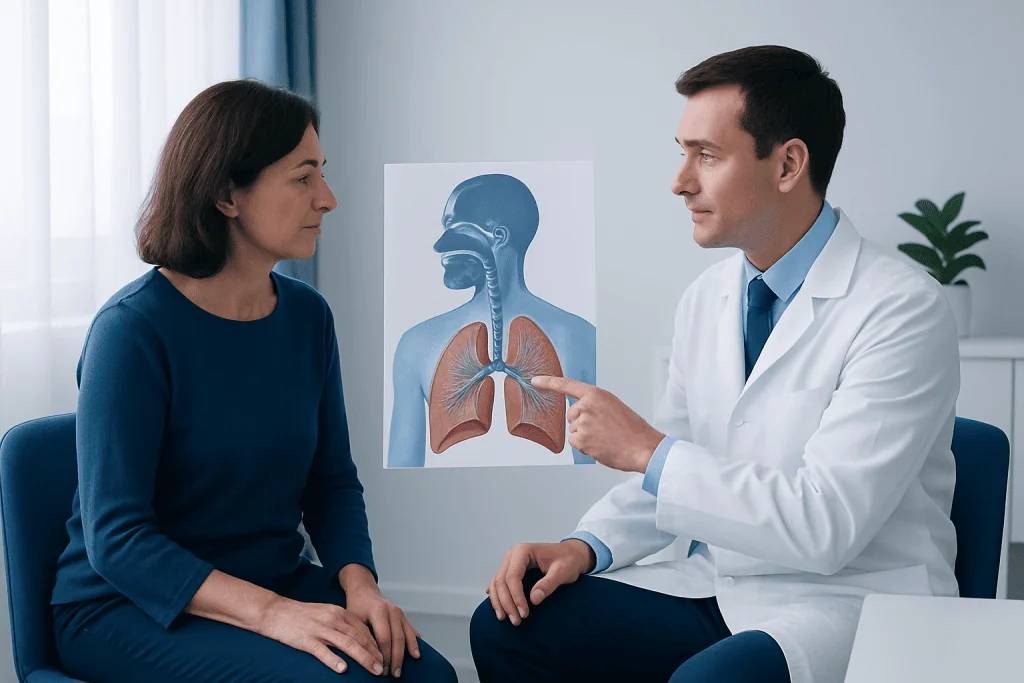 Doctor explaining lung anatomy to a patient in a medical consultation room.