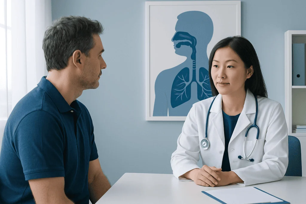 Doctor consulting with patient about respiratory health in clinic.
