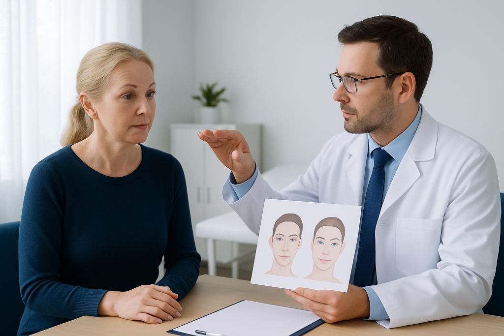 Doctor explaining brow lift vs forehead lift to patient with before and after images.