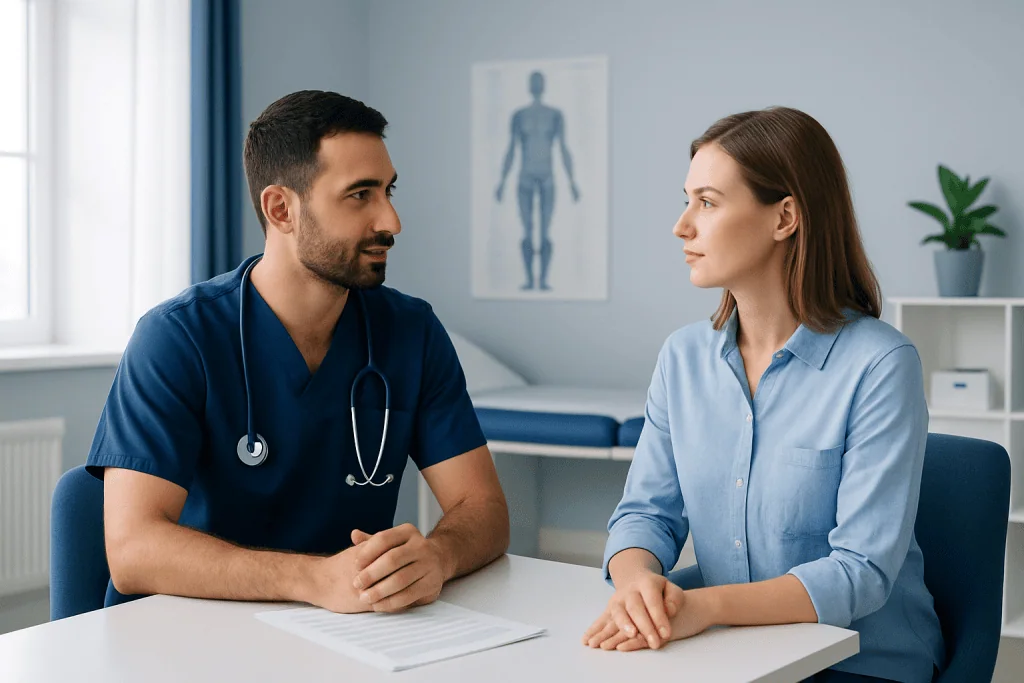 Doctor consulting a patient in a modern medical office setting.
