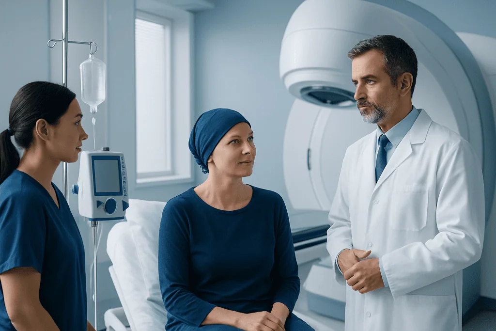 Medical team discussing patient care in a hospital MRI room.