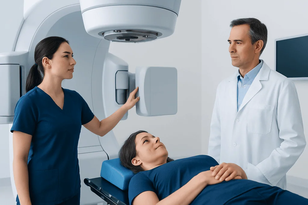 Medical professionals perform a diagnostic scan on a patient in a hospital.