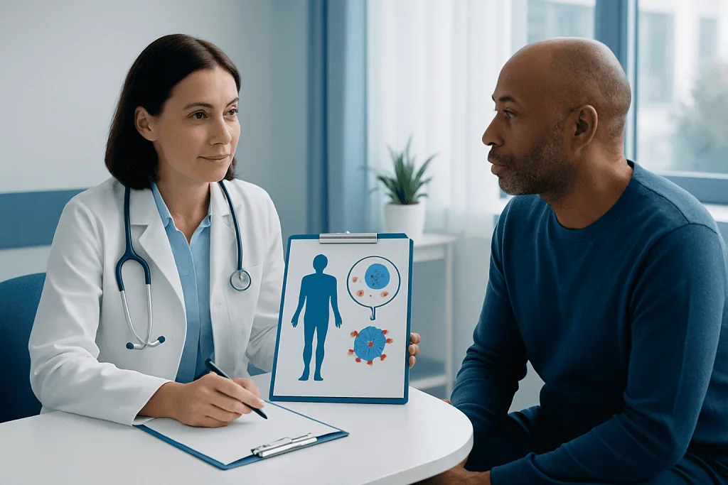 Doctor explaining CAR-T therapy to a patient in a clinical setting.
