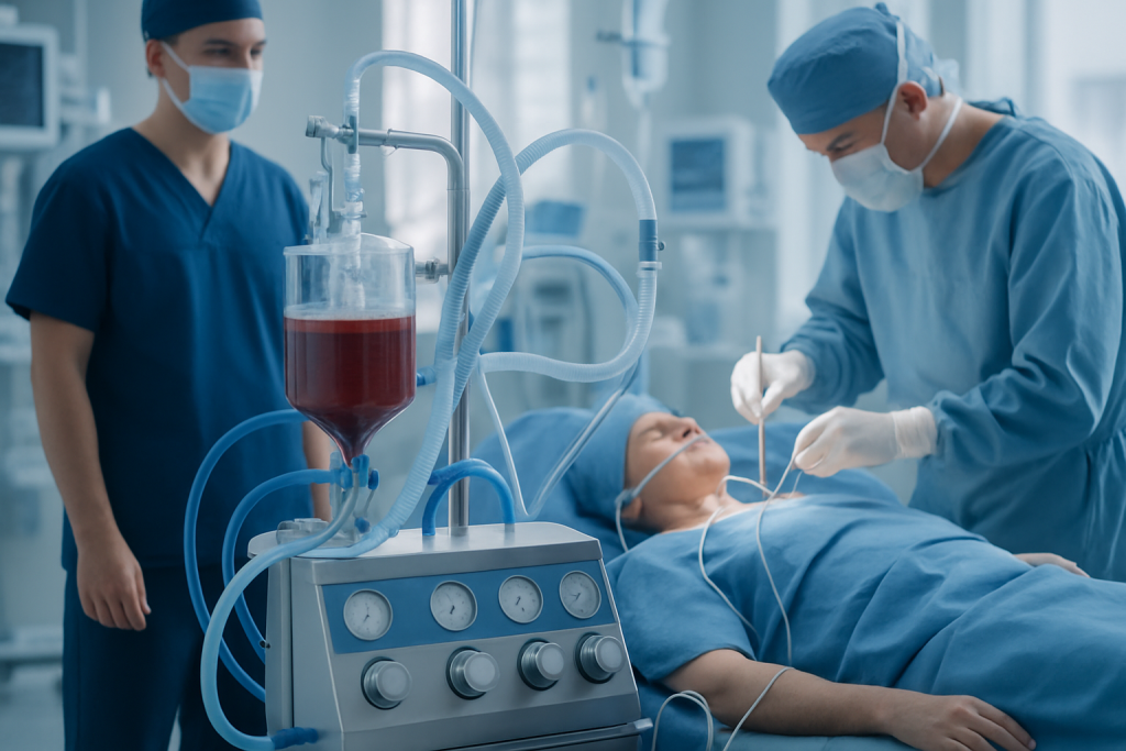 Medical team operating a patient with a heart-lung machine during surgery.