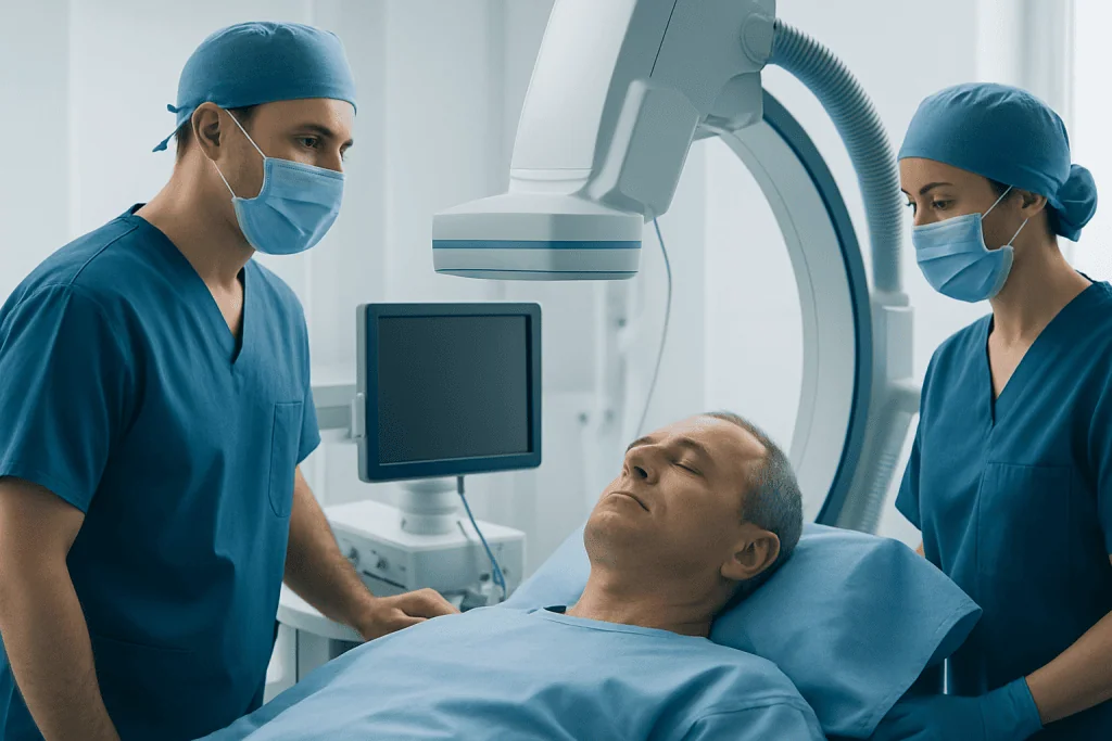 Medical team preparing for carotid artery procedure in hospital.
