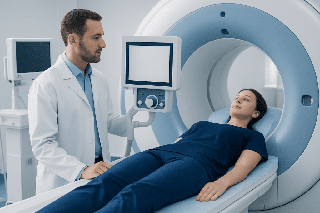 Medical professional preparing patient for MRI scan in hospital.