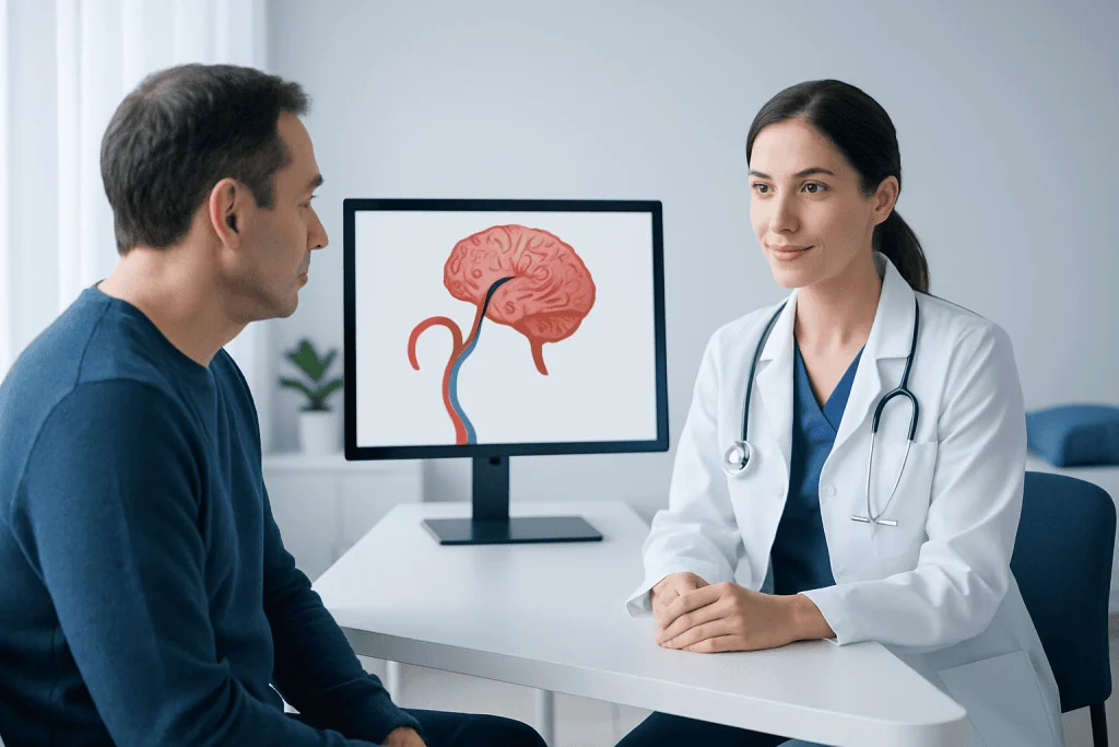 Doctor explaining brain anatomy to patient in a consultation room.