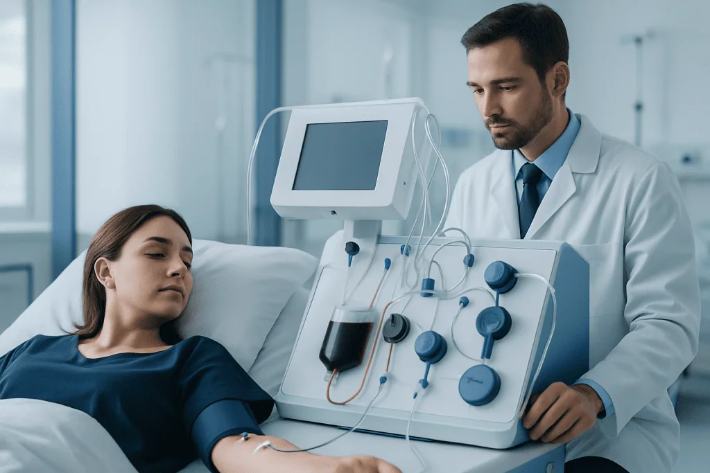 Doctor performing blood treatment on a patient in a hospital room.