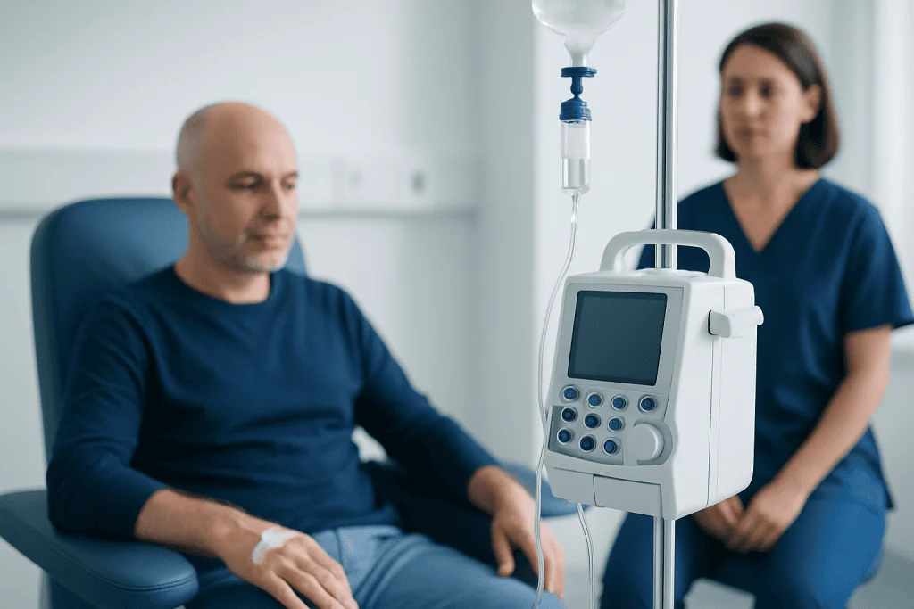 Patient receiving IV infusion in a hospital setting with medical staff present.