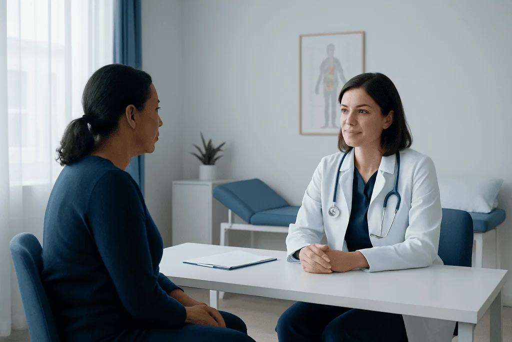 Doctor consulting with patient in a modern hospital room.