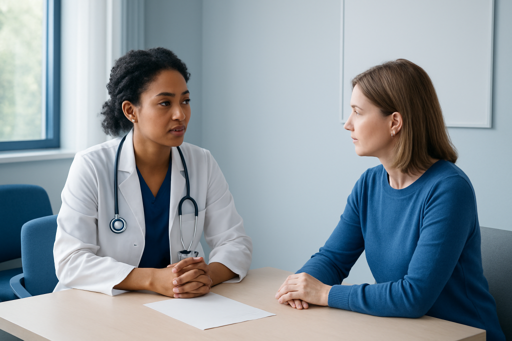 Doctor consulting with a patient in a modern medical office.
