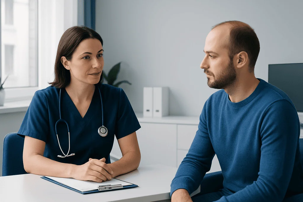 Doctor consulting with male patient in a medical office.