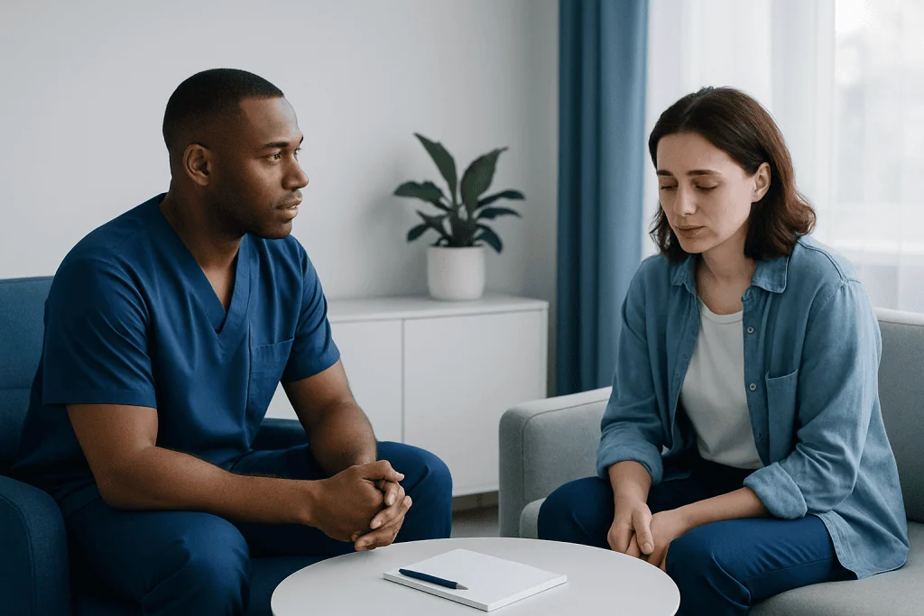 Therapist and patient in counseling session at Acibadem Hospital.