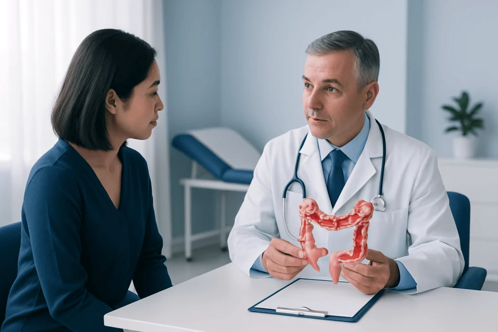 Doctor explaining colon health with a model to a patient in a clinic setting.