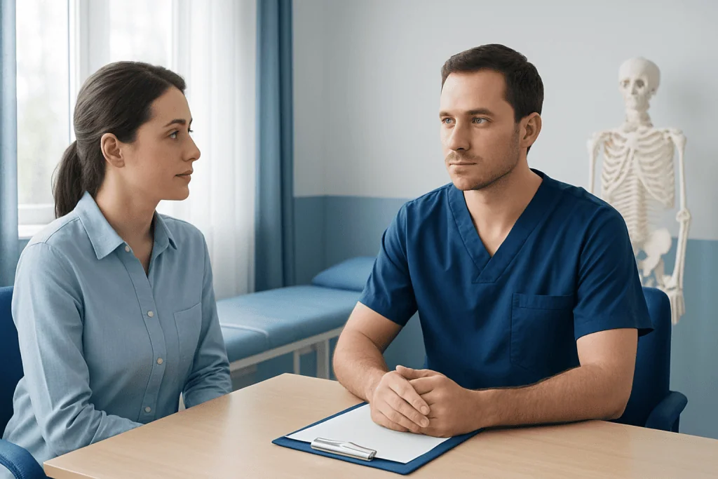 Doctor consulting a patient in a medical office with a skeleton model in the background.