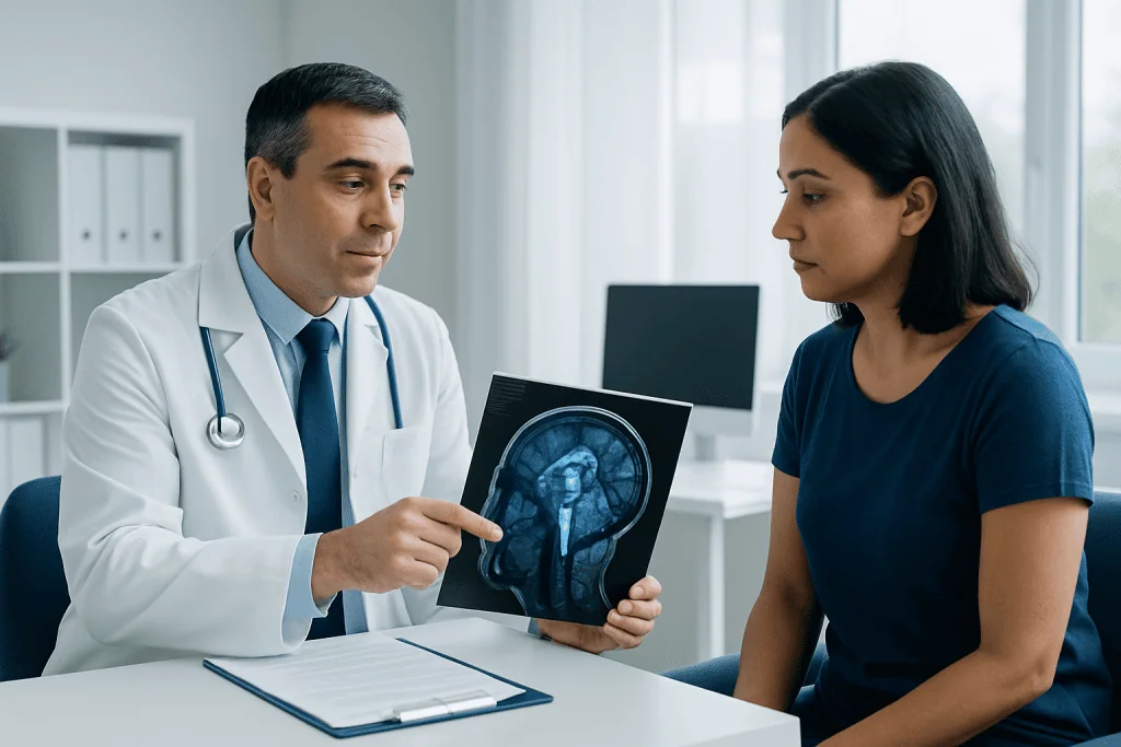 Doctor explaining brain scan to patient in a medical consultation room.