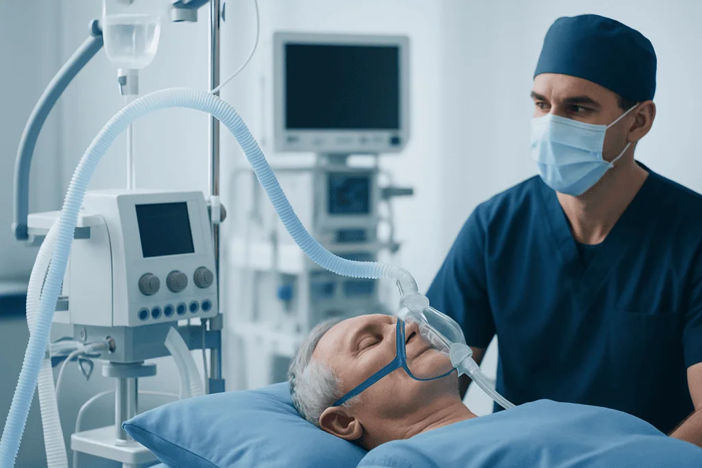 Medical professional monitoring patient on ventilator in hospital ICU.