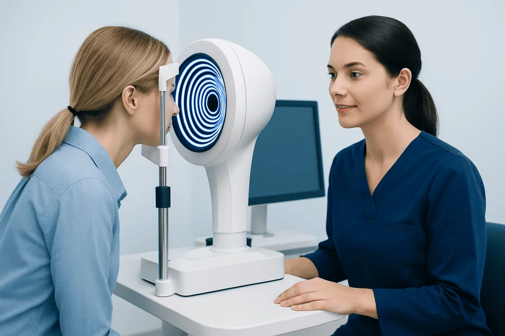 Optometrist performs corneal topography test on patient at Acibadem Hospital.
