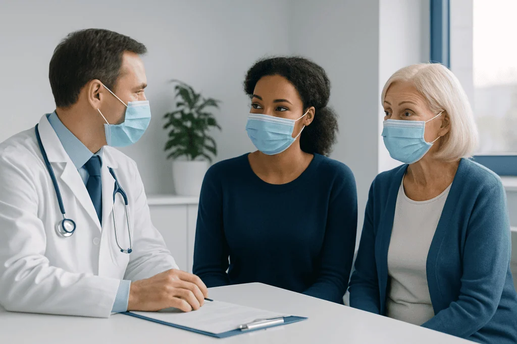 Doctor consulting with two female patients wearing masks in a clinic.
