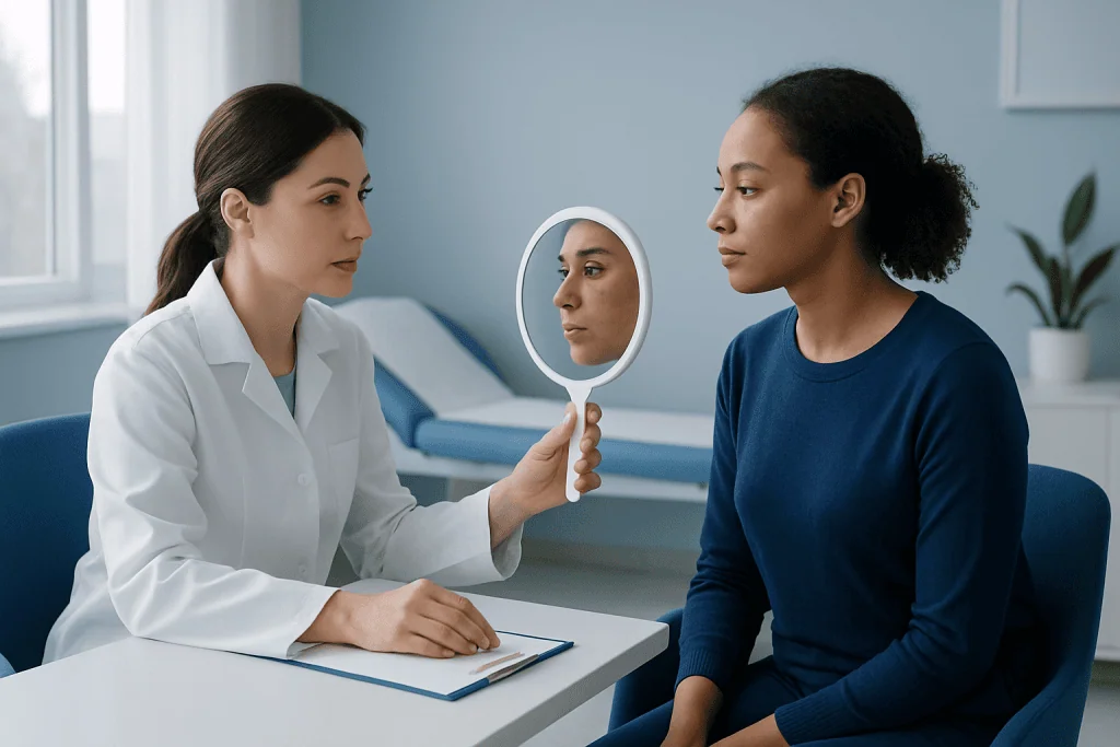 Dermatologist examining skin with mirror for uneven tone and dark spots.