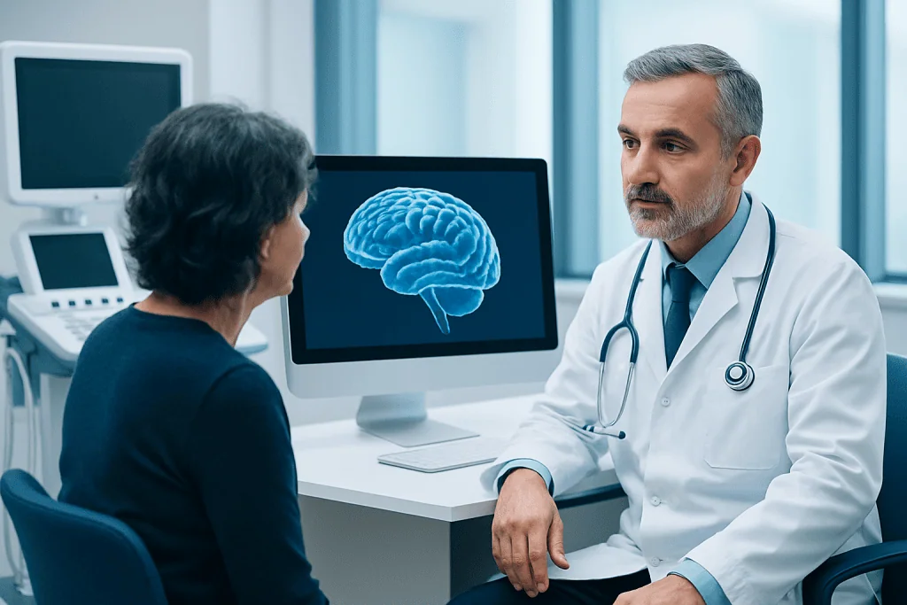 Doctor discussing brain scan with patient in a medical office.