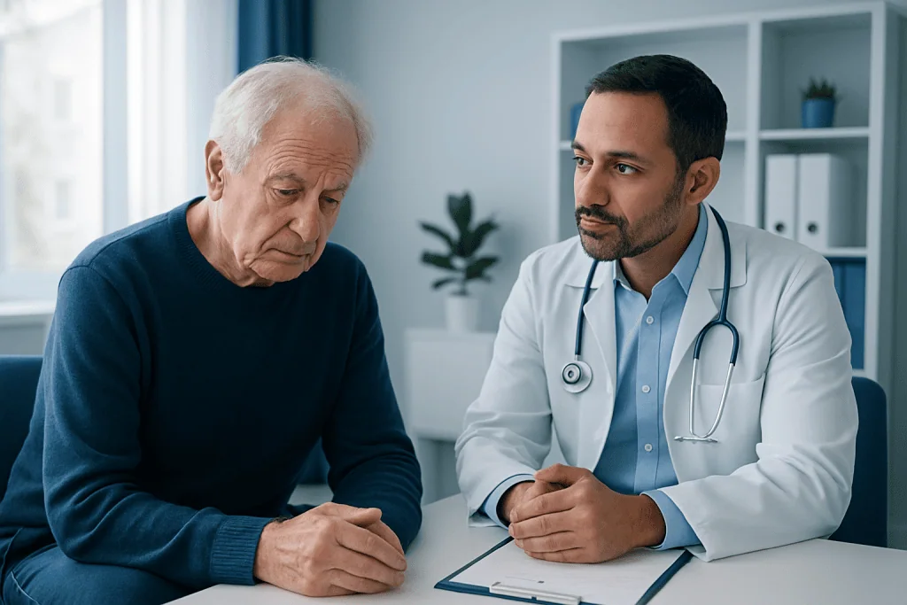 Doctor consulting with elderly patient about memory issues in a clinical setting.
