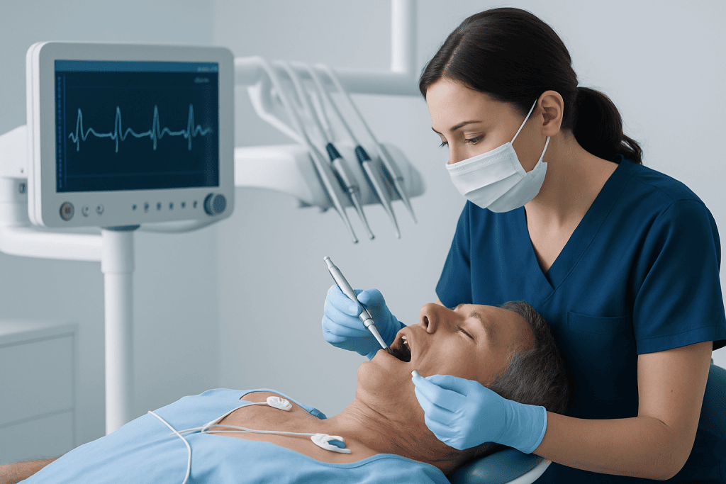Dentist performing oral examination on patient before heart surgery.