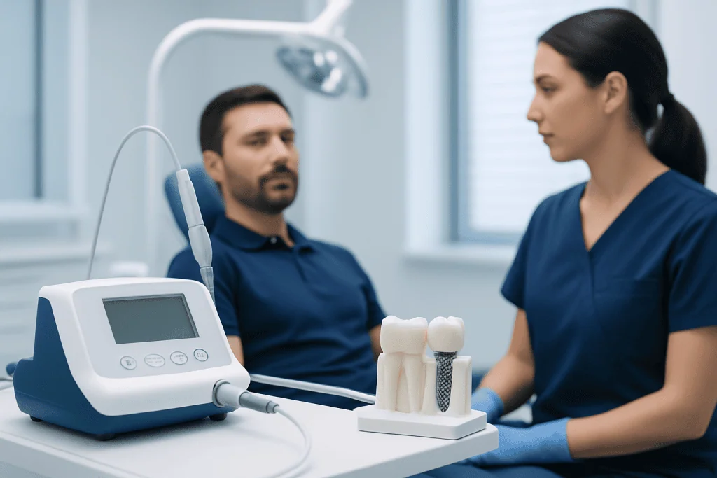 Dental implant consultation at Acibadem Hospital with specialist and patient.