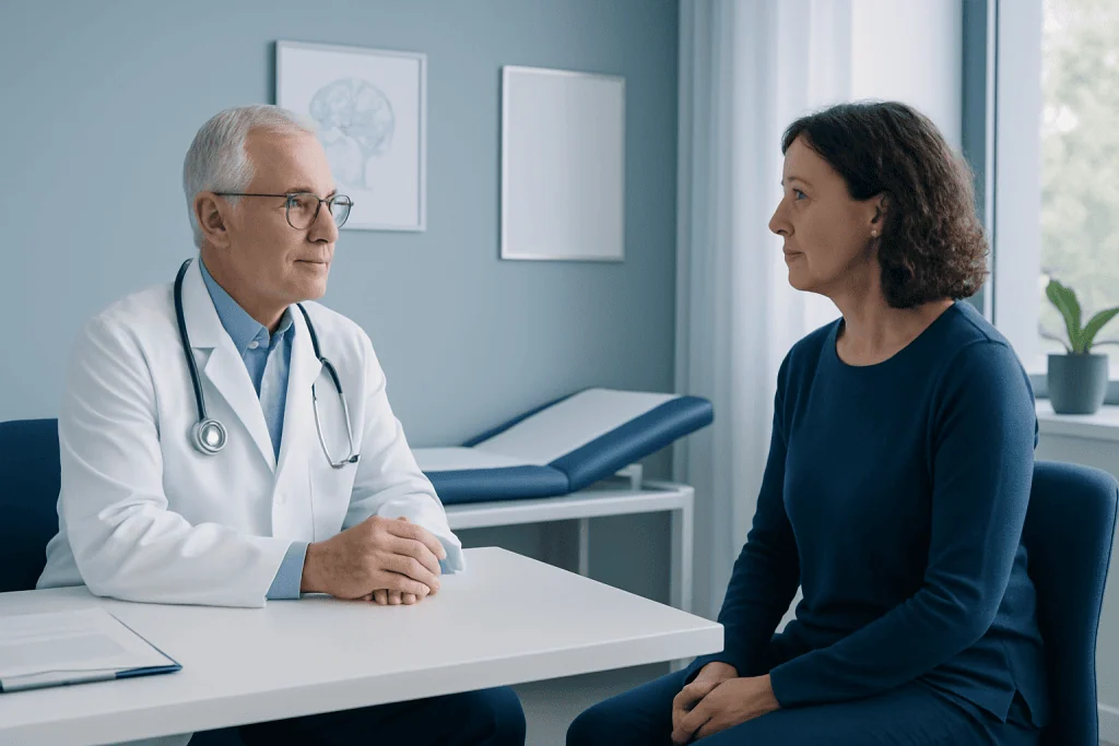 Doctor consulting with a female patient in a medical office.