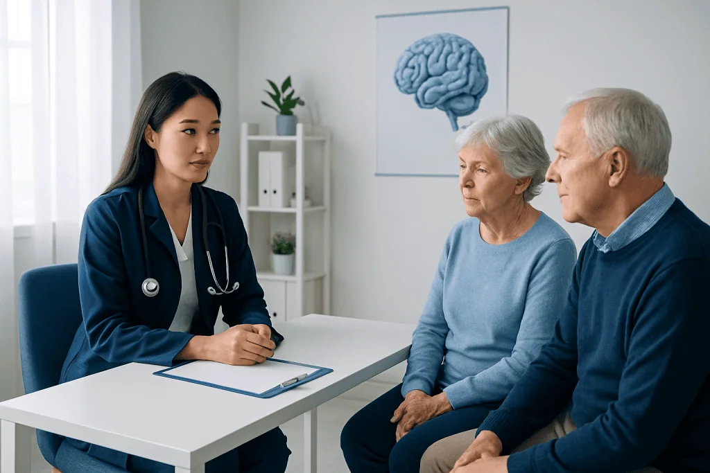 Doctor consulting elderly couple about Alzheimer's disease diagnosis and care.