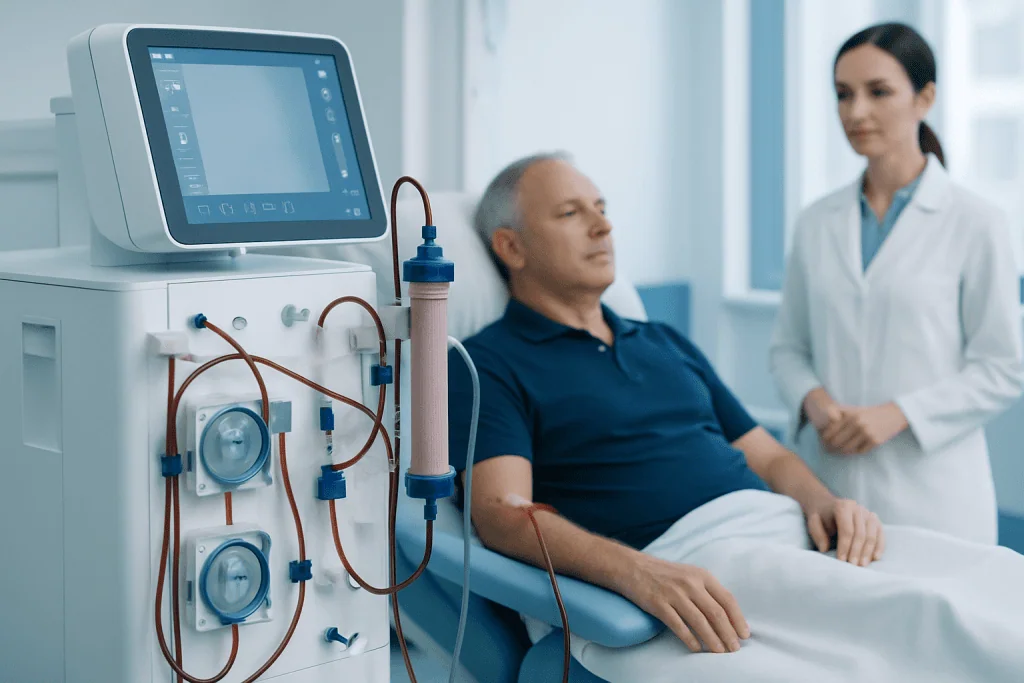 Patient undergoing dialysis treatment in a hospital setting with medical staff present.