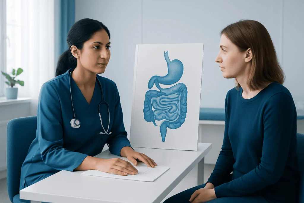 Doctor explaining digestion process to patient with stomach and intestines diagram.