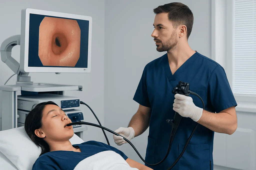 Endoscopy procedure showing a doctor examining a patient's digestive tract.