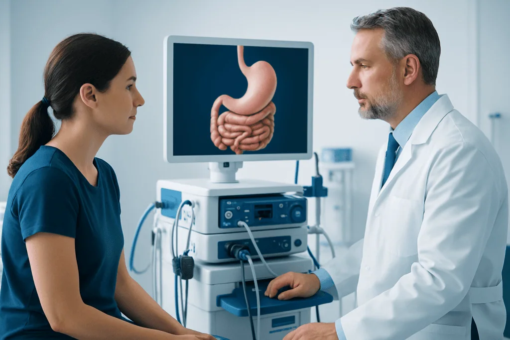Doctor explaining digestive system to patient in medical consultation room.