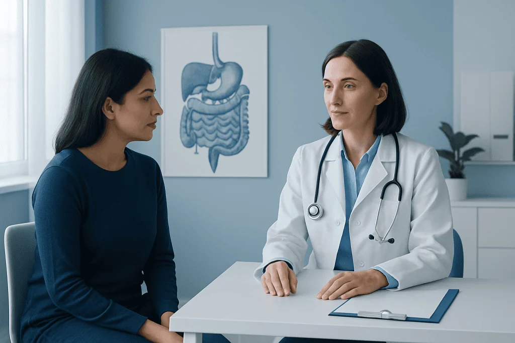 Doctor consulting patient about digestive health in a medical office.