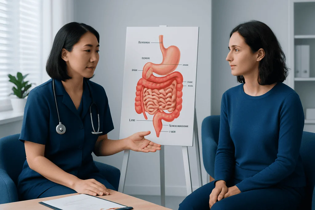 Doctor explaining digestive system to patient with anatomical diagram.