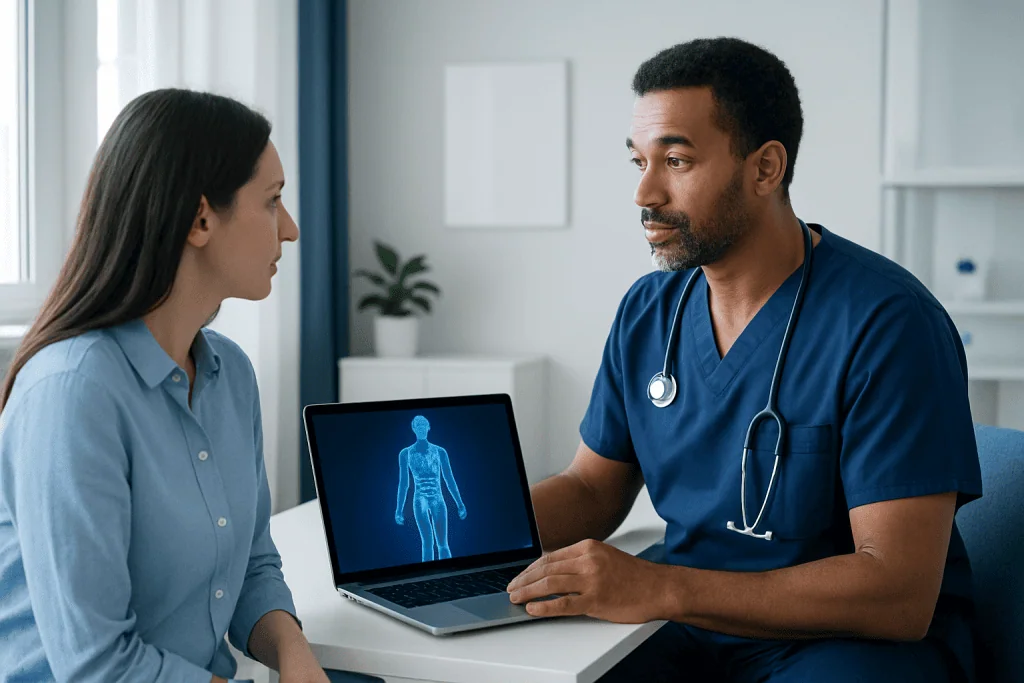 Doctor explaining digital twin technology to patient in a hospital setting.