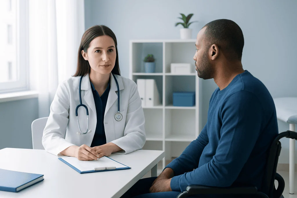 Doctor consulting with patient in a medical office setting.