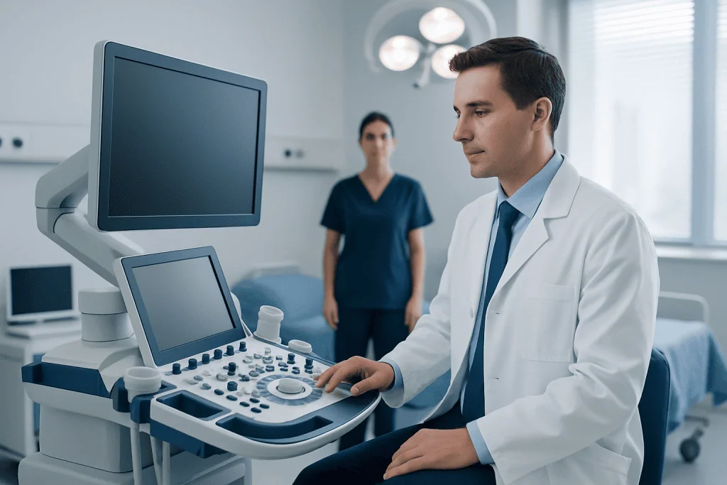 Doctor operating ultrasound machine in hospital room.
