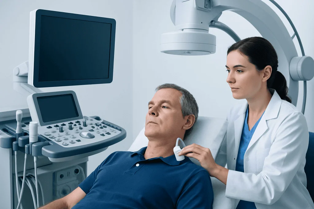 Medical professional performs carotid ultrasound on patient in hospital.