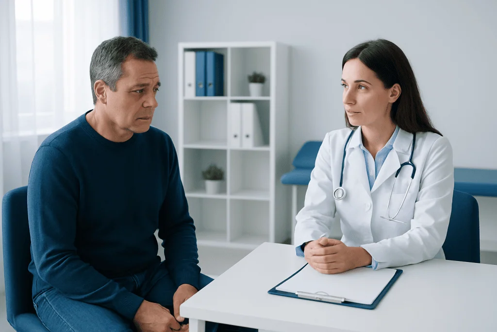 Doctor consulting with patient about swallowing issues in a clinical setting.