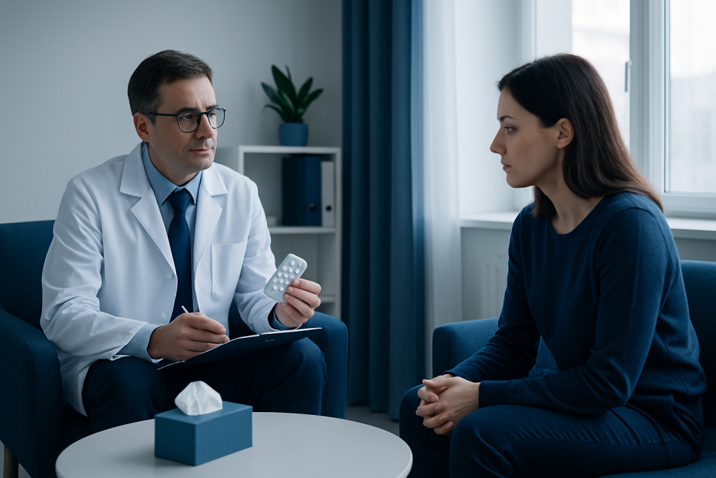 Doctor discussing medication options with a patient in a consultation room.