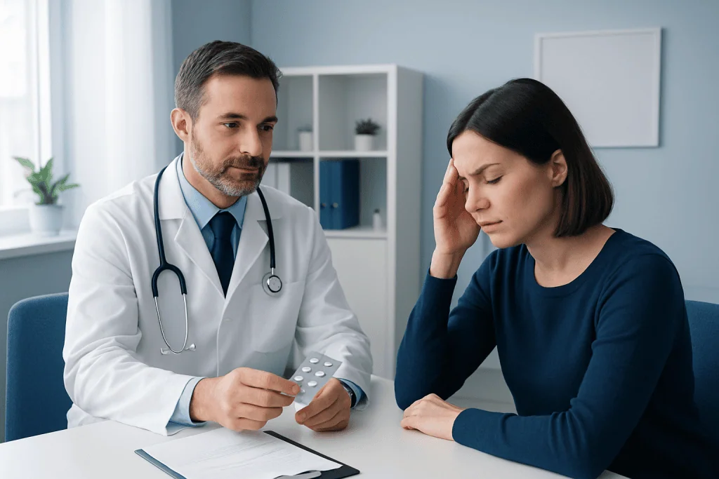 Doctor consulting a woman with headache in a medical office.