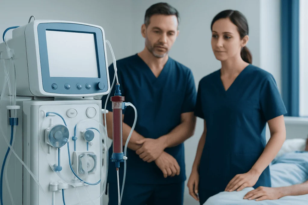 Medical professionals monitoring dialysis machine in hospital.