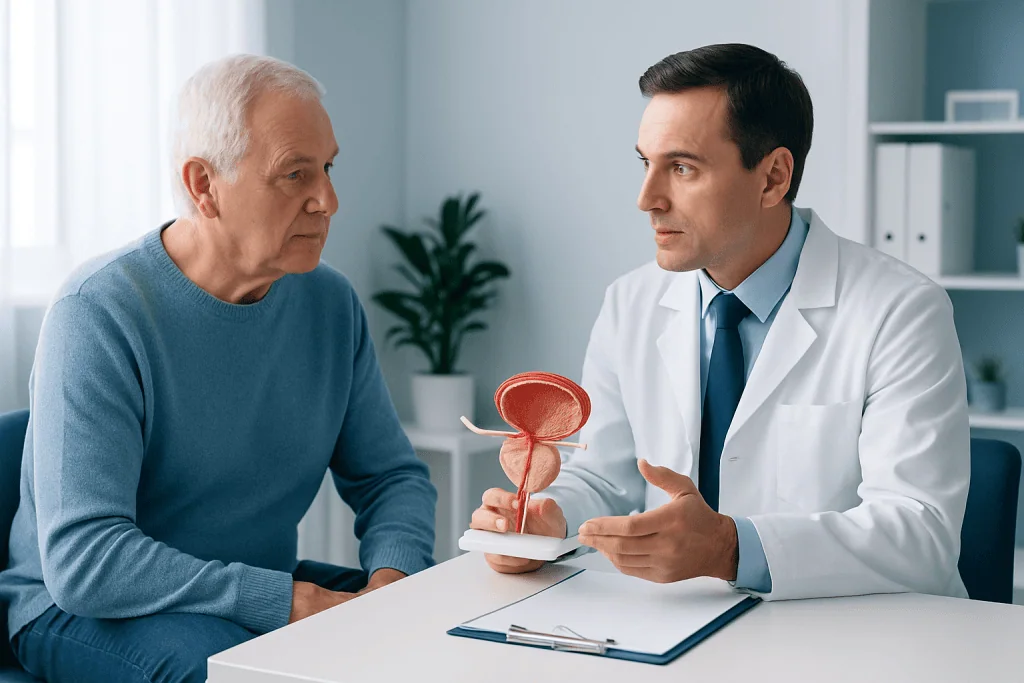 Urologist explaining prostate health to an elderly patient in a clinic.