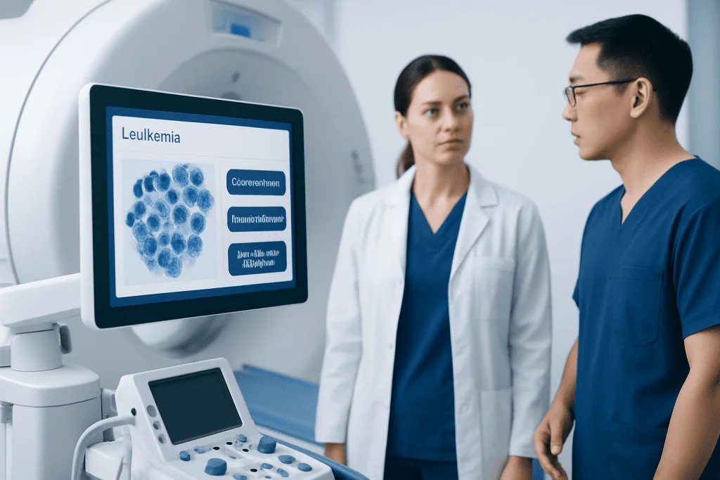 Medical professionals discussing leukemia diagnosis with advanced imaging equipment.
