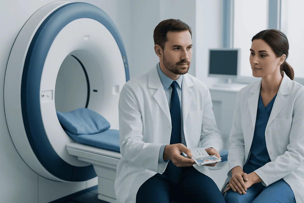 Medical professionals discussing MRI scan results in a hospital setting.