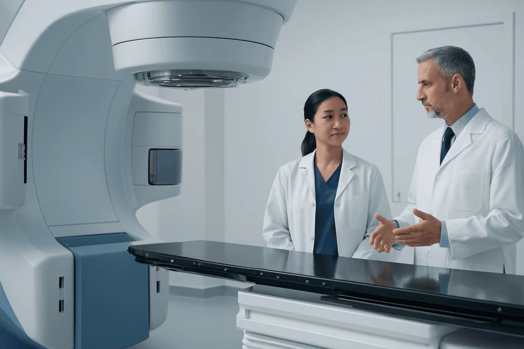 Medical professionals discuss treatment options near advanced radiology equipment.