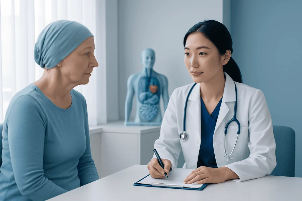Doctor consulting with a patient in a medical office with a human body model in background.
