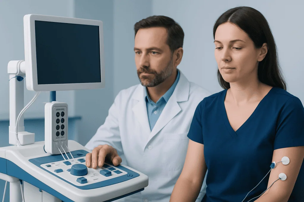 Doctor performing neuromuscular test on patient in hospital.